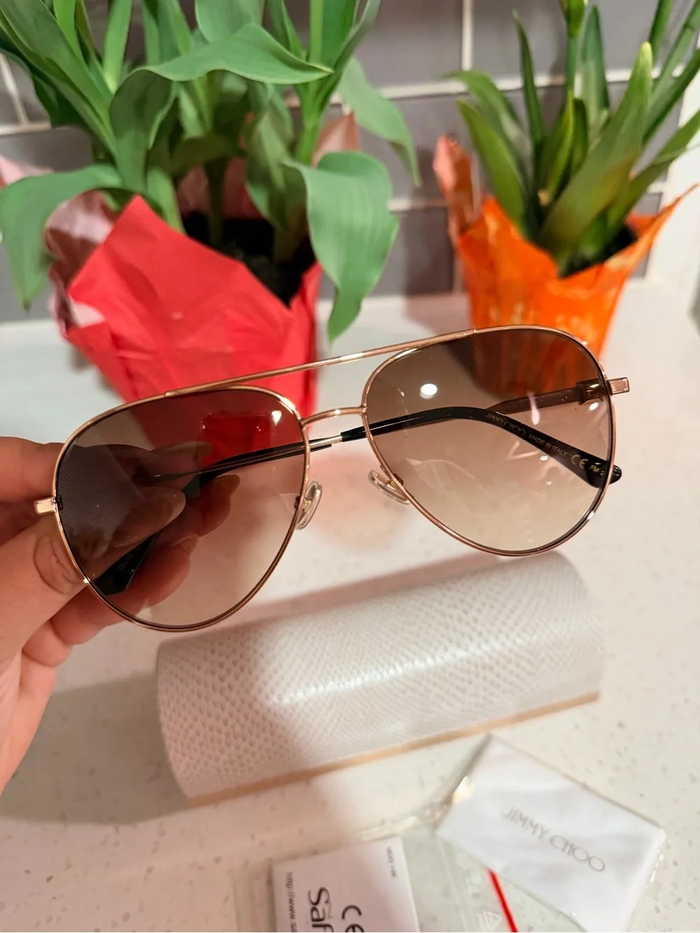 Jimmy Choo Rose Gold Aviator Sunglasses with Brown Gradient Lenses